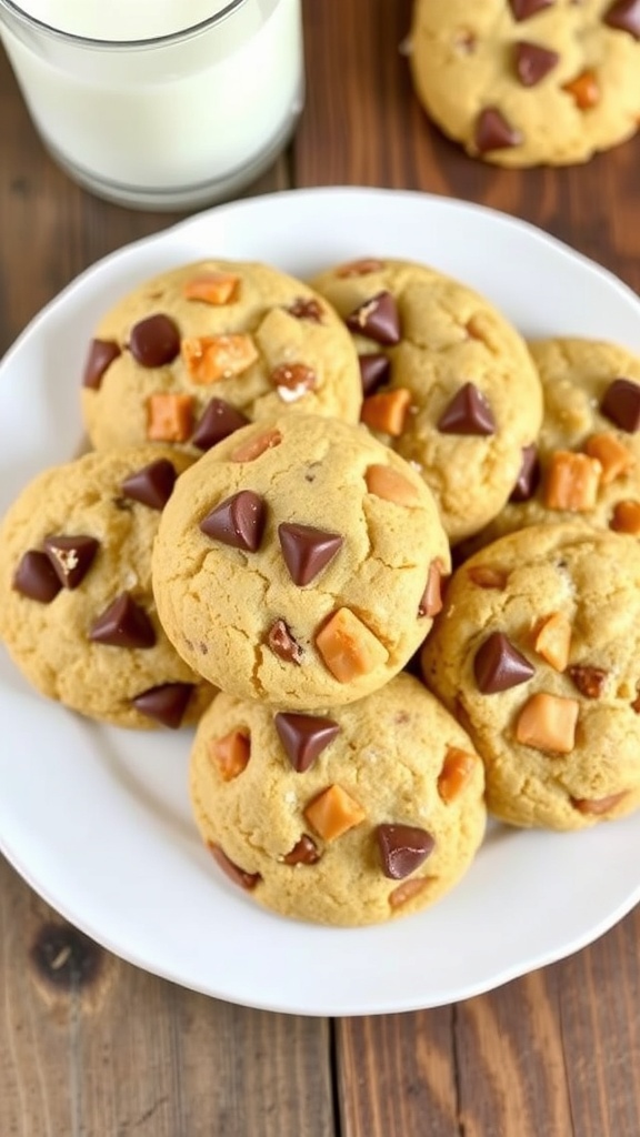 A plate of golden Toffee Crunch Cookies with toffee bits and chocolate chips, accompanied by a glass of milk.